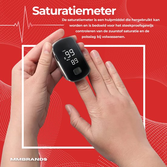 MM Brands Saturatiemeter – Zuurstofmeter Vinger Met Hartslagmeter – Pulse Oximeter - MM Brands