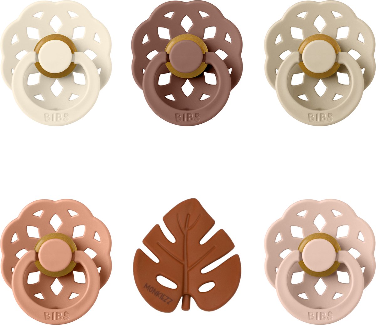 Goedkoopste BIBS Boheme Fopspeen| Maat 1 0-6 maanden| Set 5 stuks Monkiezz bijtspeelgoed Leaf Clay|Blush, Vanilla, Ivory, Peach, Woodchuck