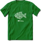 I Love Fishing - Vissen T-Shirt | Wit | Grappig Verjaardag Vis Hobby Cadeau Shirt | Dames - Heren - Unisex | Tshirt Hengelsport Kleding Kado - Donker Groen - M