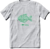 I Love Fishing - Vissen T-Shirt | Groen | Grappig Verjaardag Vis Hobby Cadeau Shirt | Dames - Heren - Unisex | Tshirt Hengelsport Kleding Kado - Licht Grijs - Gemaleerd - XXL