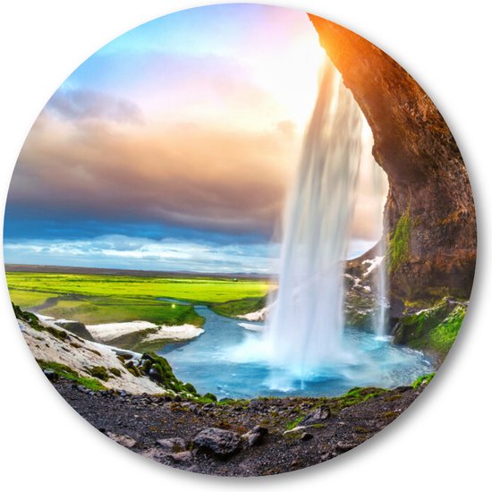 Seljalandsfoss waterval - zonsondergang - Muurcirkel Forex 70cm | Wandcirkel voor binnen - Landschap - Natuur