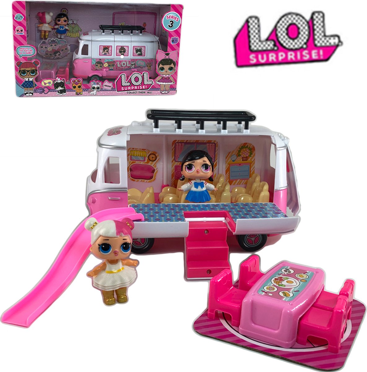 IGOODS QIQI LOL speelgoed bus met 12 stuks surprise Roze