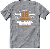76 Jaar Legend T-Shirt | Goud - Wit | Grappig Verjaardag en Feest Cadeau Shirt | Dames - Heren - Unisex | Tshirt Kleding Kado | - Donker Grijs - Gemaleerd - L
