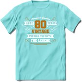 80 Jaar Legend T-Shirt | Goud - Wit | Grappig Verjaardag en Feest Cadeau Shirt | Dames - Heren - Unisex | Tshirt Kleding Kado | - Licht Blauw - XL
