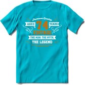 74 Jaar Legend T-Shirt | Goud - Wit | Grappig Verjaardag en Feest Cadeau Shirt | Dames - Heren - Unisex | Tshirt Kleding Kado | - Blauw - XL