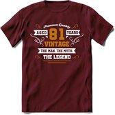 81 Jaar Legend T-Shirt | Goud - Wit | Grappig Verjaardag en Feest Cadeau Shirt | Dames - Heren - Unisex | Tshirt Kleding Kado | - Burgundy - XXL