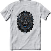 Leeuw - Dieren Mandala T-Shirt | Blauw | Grappig Verjaardag Zentangle Dierenkop Cadeau Shirt | Dames - Heren - Unisex | Wildlife Tshirt Kleding Kado | - Licht Grijs - Gemaleerd - L