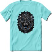 Leeuw - Dieren Mandala T-Shirt | Blauw | Grappig Verjaardag Zentangle Dierenkop Cadeau Shirt | Dames - Heren - Unisex | Wildlife Tshirt Kleding Kado | - Licht Blauw - XXL