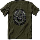 Leeuw - Dieren Mandala T-Shirt | Groen | Grappig Verjaardag Zentangle Dierenkop Cadeau Shirt | Dames - Heren - Unisex | Wildlife Tshirt Kleding Kado | - Leger Groen - XL