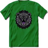 Beer - Dieren Mandala T-Shirt | Paars | Grappig Verjaardag Zentangle Dierenkop Cadeau Shirt | Dames - Heren - Unisex | Wildlife Tshirt Kleding Kado | - Donker Groen - S