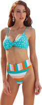 No Gossip Driehoekige bikini met hoge taille - Strikband aan de voorkant - Turquoise stippen en gestreept patroon met borstkussen VEELKLEURIG 36