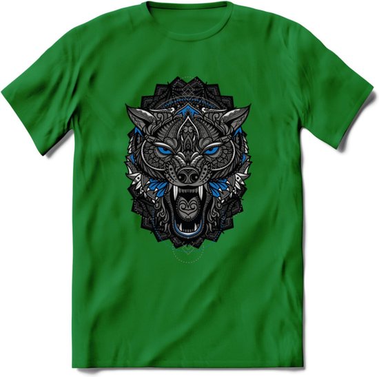 Wolf - Dieren Mandala T-Shirt | Blauw | Grappig Verjaardag Zentangle Dierenkop Cadeau Shirt | Dames - Heren - Unisex | Wildlife Tshirt Kleding Kado | - Donker Groen - 3XL