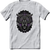 Wolf - Dieren Mandala T-Shirt | Paars | Grappig Verjaardag Zentangle Dierenkop Cadeau Shirt | Dames - Heren - Unisex | Wildlife Tshirt Kleding Kado | - Licht Grijs - Gemaleerd - M