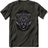 Wolf - Dieren Mandala T-Shirt | Paars | Grappig Verjaardag Zentangle Dierenkop Cadeau Shirt | Dames - Heren - Unisex | Wildlife Tshirt Kleding Kado | - Donker Grijs - L