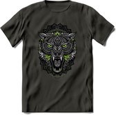 Wolf - Dieren Mandala T-Shirt | Groen | Grappig Verjaardag Zentangle Dierenkop Cadeau Shirt | Dames - Heren - Unisex | Wildlife Tshirt Kleding Kado | - Donker Grijs - M