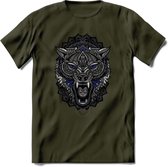 Wolf - Dieren Mandala T-Shirt | Donkerblauw | Grappig Verjaardag Zentangle Dierenkop Cadeau Shirt | Dames - Heren - Unisex | Wildlife Tshirt Kleding Kado | - Leger Groen - XXL