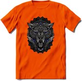 Wolf - Dieren Mandala T-Shirt | Donkerblauw | Grappig Verjaardag Zentangle Dierenkop Cadeau Shirt | Dames - Heren - Unisex | Wildlife Tshirt Kleding Kado | - Oranje - M