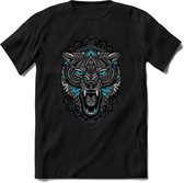 Wolf - Dieren Mandala T-Shirt | Lichtblauw | Grappig Verjaardag Zentangle Dierenkop Cadeau Shirt | Dames - Heren - Unisex | Wildlife Tshirt Kleding Kado | - Zwart - 3XL