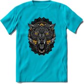 Wolf - Dieren Mandala T-Shirt | Geel | Grappig Verjaardag Zentangle Dierenkop Cadeau Shirt | Dames - Heren - Unisex | Wildlife Tshirt Kleding Kado | - Blauw - 3XL