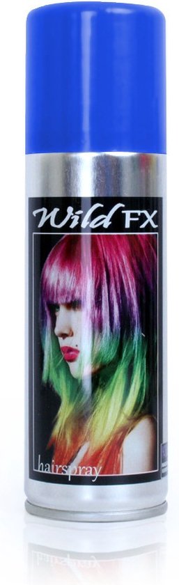Bus met Wild FX haarspray. Afbeelding van vrouw met regenboogkleurig haar.