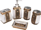Veeru Badkamer Accessoires - Klassiek - Hars Badkamerset - 5-delig - Zeeppompje - 2 Bekers - Zeephouder - Tandenborstelhouder - 5 Stuks - Goud
