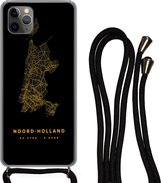 Hoesje met koord Geschikt voor iPhone 11 Pro Max - Noord-Holland - Kaart - Goud - Siliconen - Crossbody - Backcover met Koord - Telefoonhoesje met koord - Hoesje met touw