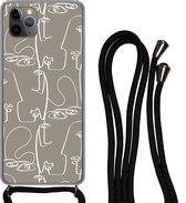 Hoesje met koord Geschikt voor iPhone 11 Pro Max - Patronen - Hoofd - Line art - Siliconen - Crossbody - Backcover met Koord - Telefoonhoesje met koord - Hoesje met touw