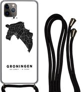 Hoesje met koord Geschikt voor iPhone 11 Pro - Groningen - Kaart - Zwart - Wit - Siliconen - Crossbody - Backcover met Koord - Telefoonhoesje met koord - Hoesje met touw