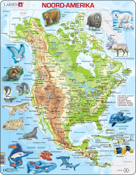 Larsen Noord-Amerika geografisch met dieren – Puzzel – Kaarten & Geografie – Noord-Amerika – Educatieve legpuzzel voor kinderen – 66 stukjes – Gemaakt in Noorwegen – Extra dikke 2,5 mm stukjes – Tray met vaste rand