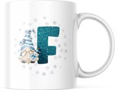 Kerst Mok met afbeelding: Snowman Gnome - Blauw - Letter F | Kerst Decoratie | Kerst Versiering | Grappige Cadeaus | Koffiemok | Koffiebeker | Theemok | Theebeker