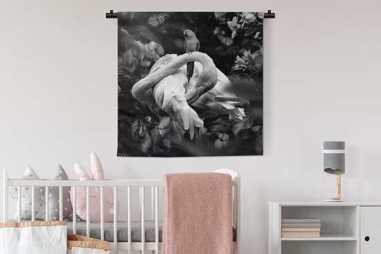 Tapisserie murale - Tissu mural - Flamingo - Papillons - Jungle - Zwart - Wit - 90x90 cm - Tapisserie murale