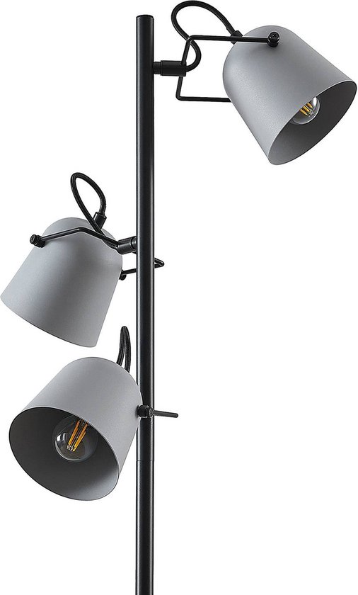 Lindby - vloerlamp - 3 lichts - eiken, staal - H: 140 cm - E14 - grijs, hout licht, zwart