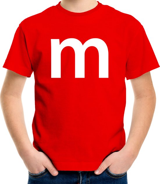 Letter M verkleed/ carnaval t-shirt rood voor kinderen - M en M carnavalskleding / feest shirt kleding / kostuum 134/140