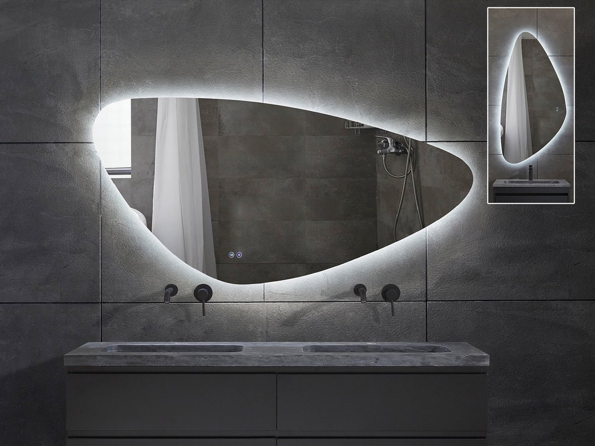 Mawialux LED Badkamerspiegel - Dimbaar - 160x79cm - Asymmetrisch - Horizontaal of verticaal ophangen - Verwarming - Touchscreen - Catina