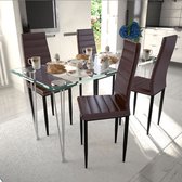 Decoways - Eetkamerset 4 bruine slim line stoelen en 1 glazen tafel