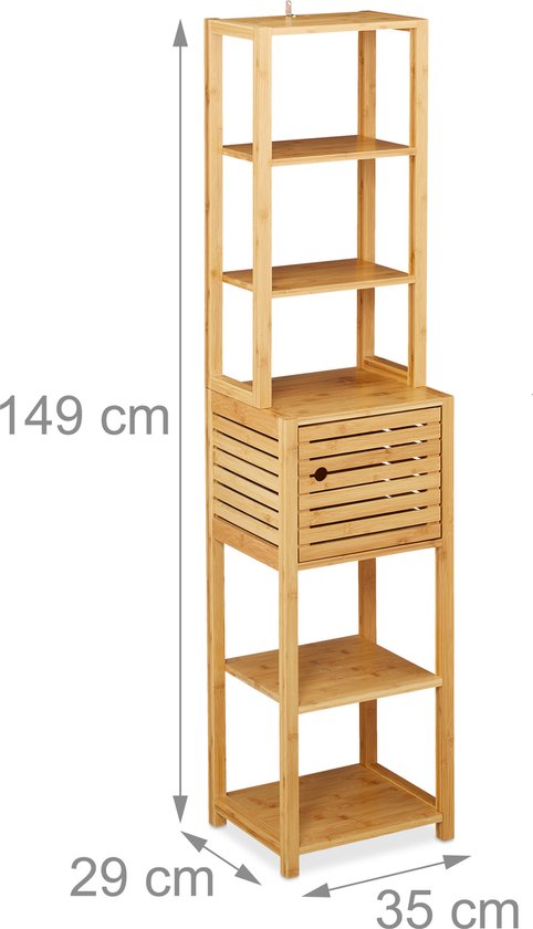 badkamerrek bamboe - hoog - met deur - 6 planken - 149 x 35 x 29 cm