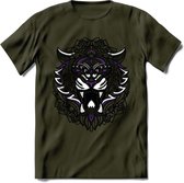 Tijger - Dieren Mandala T-Shirt | Paars | Grappig Verjaardag Zentangle Dierenkop Cadeau Shirt | Dames - Heren - Unisex | Wildlife Tshirt Kleding Kado | - Leger Groen - XL