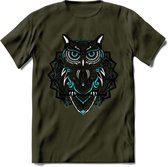 Uil - Dieren Mandala T-Shirt | Lichtblauw | Grappig Verjaardag Zentangle Dierenkop Cadeau Shirt | Dames - Heren - Unisex | Wildlife Tshirt Kleding Kado | - Leger Groen - L