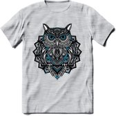 Uil - Dieren Mandala T-Shirt | Blauw | Grappig Verjaardag Zentangle Dierenkop Cadeau Shirt | Dames - Heren - Unisex | Wildlife Tshirt Kleding Kado | - Licht Grijs - Gemaleerd - XXL