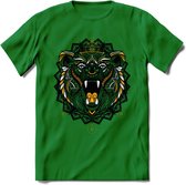 Beer - Dieren Mandala T-Shirt | Geel | Grappig Verjaardag Zentangle Dierenkop Cadeau Shirt | Dames - Heren - Unisex | Wildlife Tshirt Kleding Kado | - Donker Groen - XL