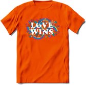 Love Wins | Pride T-Shirt | Grappig LHBTIQ+ / LGBTQ / Gay / Homo / Lesbi Cadeau Shirt | Dames - Heren - Unisex | Tshirt Kleding Kado | - Oranje - XXL