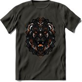 Leeuw - Dieren Mandala T-Shirt | Oranje | Grappig Verjaardag Zentangle Dierenkop Cadeau Shirt | Dames - Heren - Unisex | Wildlife Tshirt Kleding Kado | - Donker Grijs - L