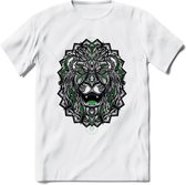 Leeuw - Dieren Mandala T-Shirt | Groen | Grappig Verjaardag Zentangle Dierenkop Cadeau Shirt | Dames - Heren - Unisex | Wildlife Tshirt Kleding Kado | - Wit - M