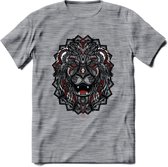 Leeuw - Dieren Mandala T-Shirt | Rood | Grappig Verjaardag Zentangle Dierenkop Cadeau Shirt | Dames - Heren - Unisex | Wildlife Tshirt Kleding Kado | - Donker Grijs - Gemaleerd - X