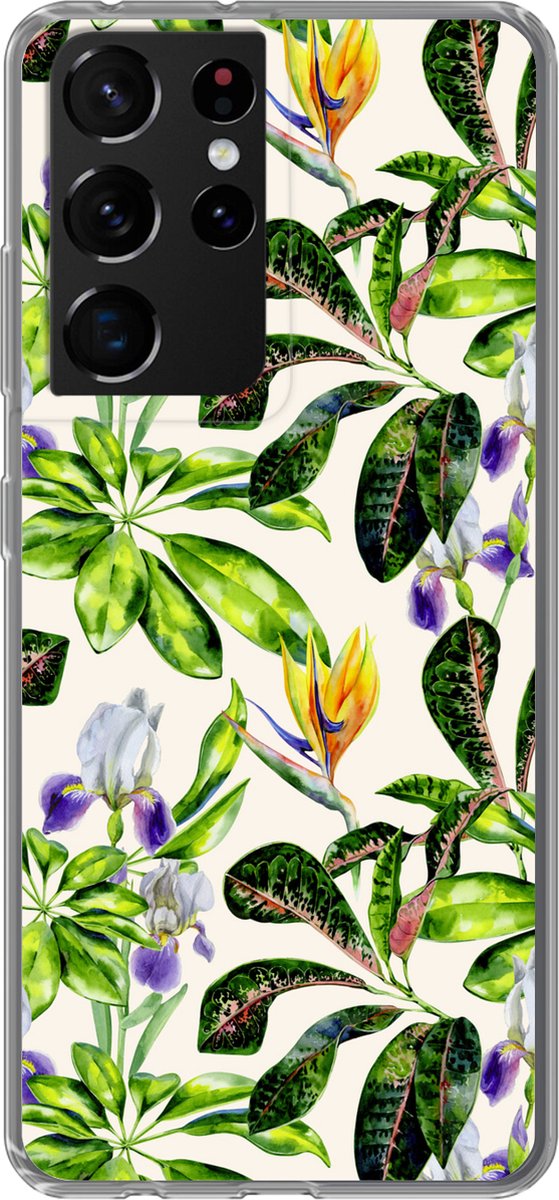 Telefoonhoesje Geschikt voor Samsung Galaxy S21 Ultra hoesje - Bladeren - Strelitzia - Bloem - Siliconen Telefoonhoesje Telefoonhoesje