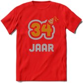 34 Jaar Feest T-Shirt | Goud - Zilver | Grappig Verjaardag Cadeau Shirt | Dames - Heren - Unisex | Tshirt Kleding Kado | - Rood - XL