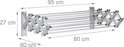 Zilverkleurig inklapbaar droogrek met afmetingen 27 cm hoog, 95 cm breed en 60 cm diep.