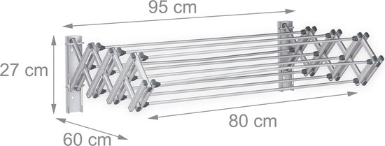 Zilverkleurig inklapbaar droogrek met afmetingen 27 cm hoog, 95 cm breed en 60 cm diep.
