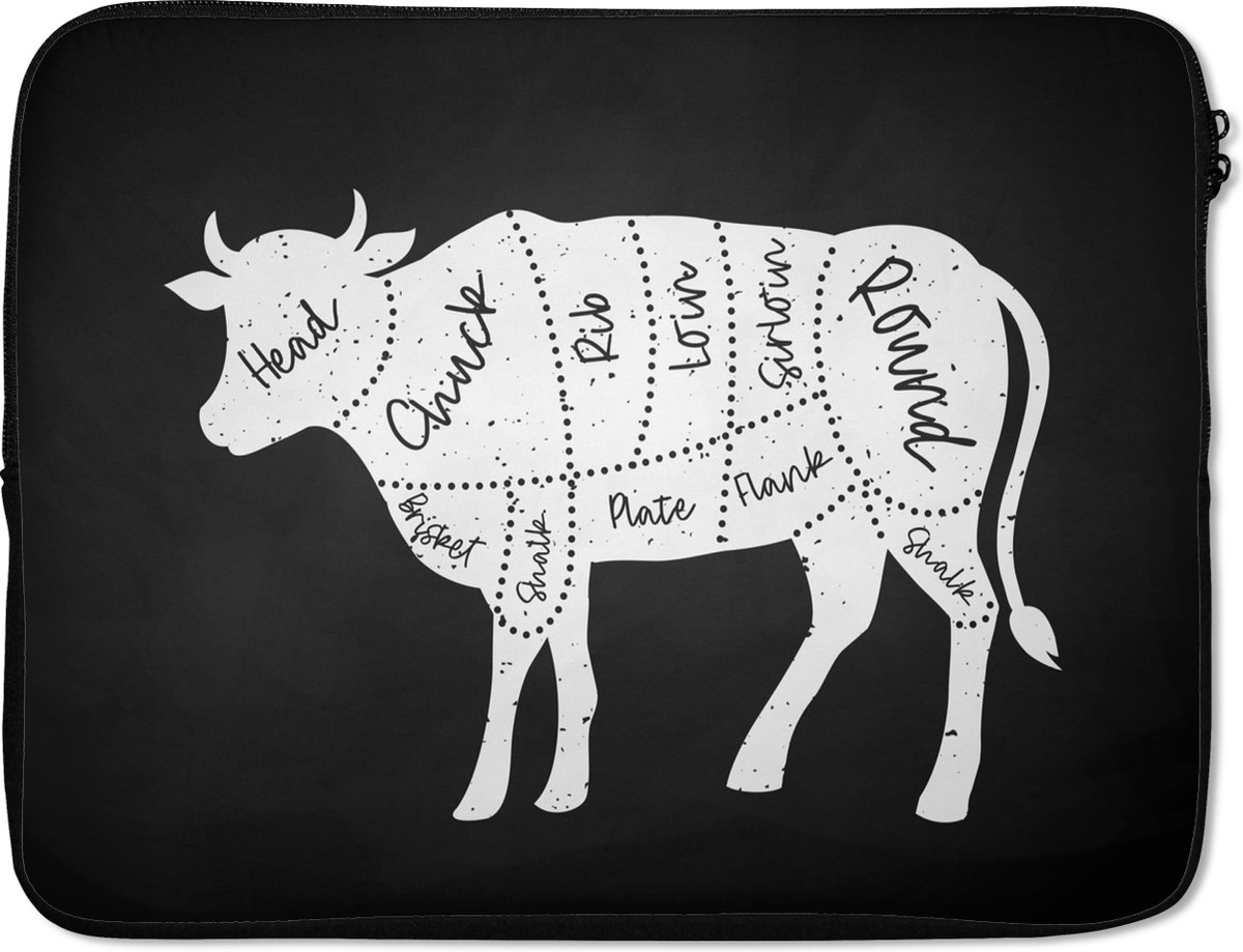 Laptophoes 17 inch - Keuken - Koeien - Slager - Laptop sleeve - Binnenmaat 41x28 cm - Zwarte achterkant - Cadeau voor vrouw