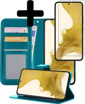 Hoesje Geschikt voor Samsung S22 Hoesje Book Case Hoes Wallet Cover Met Screenprotector - Hoes Geschikt voor Samsung Galaxy S22 Hoesje Bookcase Hoes - Turquoise